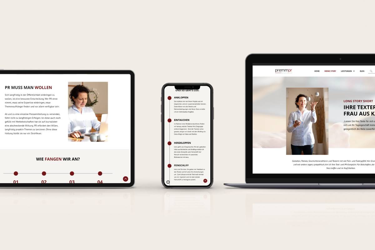 ein Mockup mit 3 Screenshots der Website von Premm PR mit Darstellungen für Laptop, Tablet und Handy