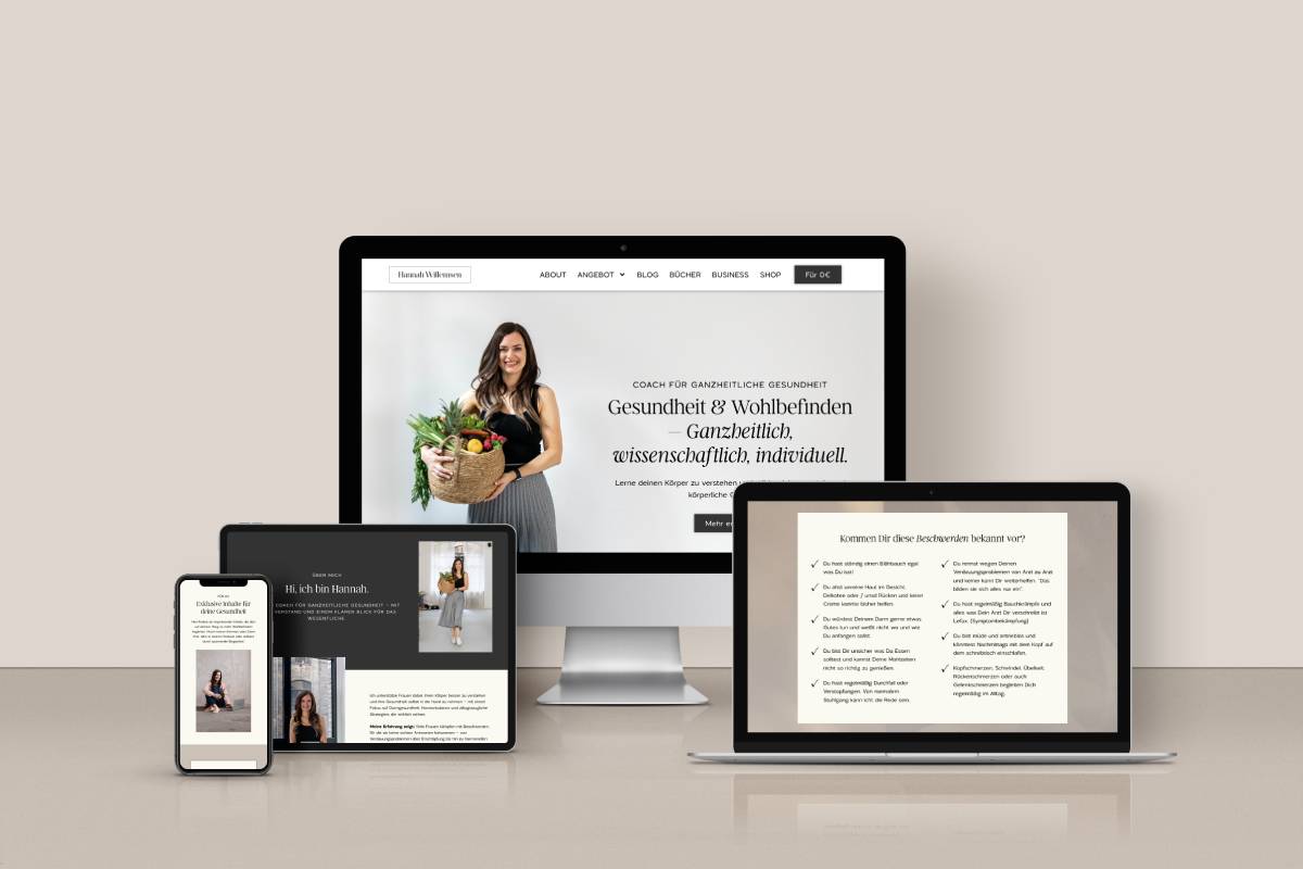 ein Mockup mit 4 Screenshots der Website von Hannah Willemsen mit Darstellungen für Desktop, Laptop, Tablet und Handy
