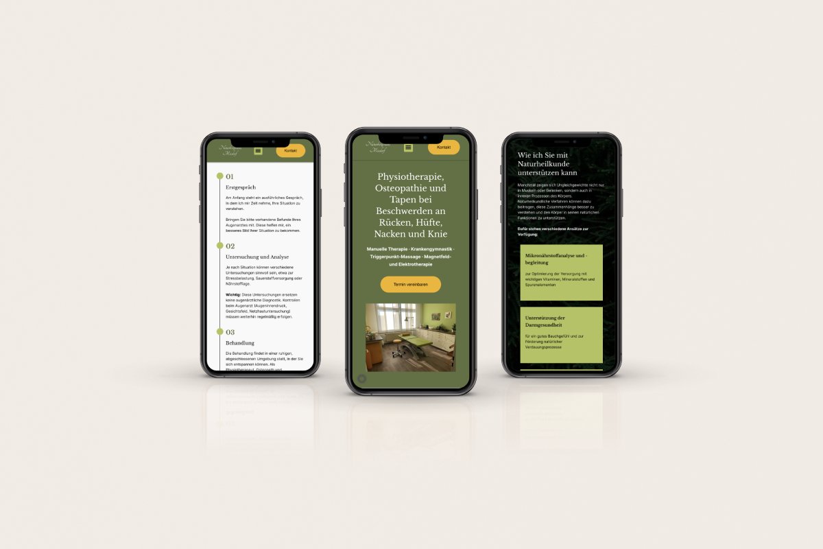 drei Handy Mockups zeigen die Website der Naturheilpraxis Mixdorf